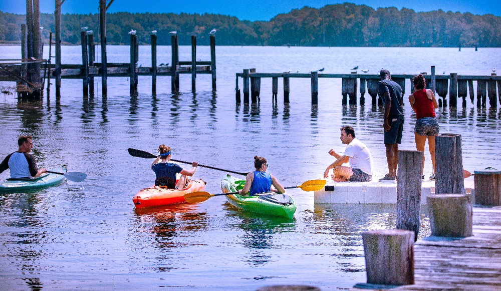 A yoga class on the lawn at Moofy facing the Chesapeake Bay